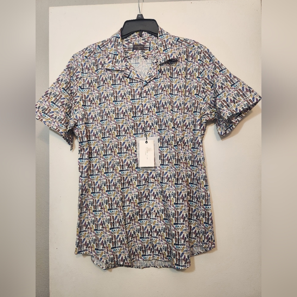 7 Camicie Roma Hawaii Sport Cotton Mens Shirt Short Sleeve White Blue
